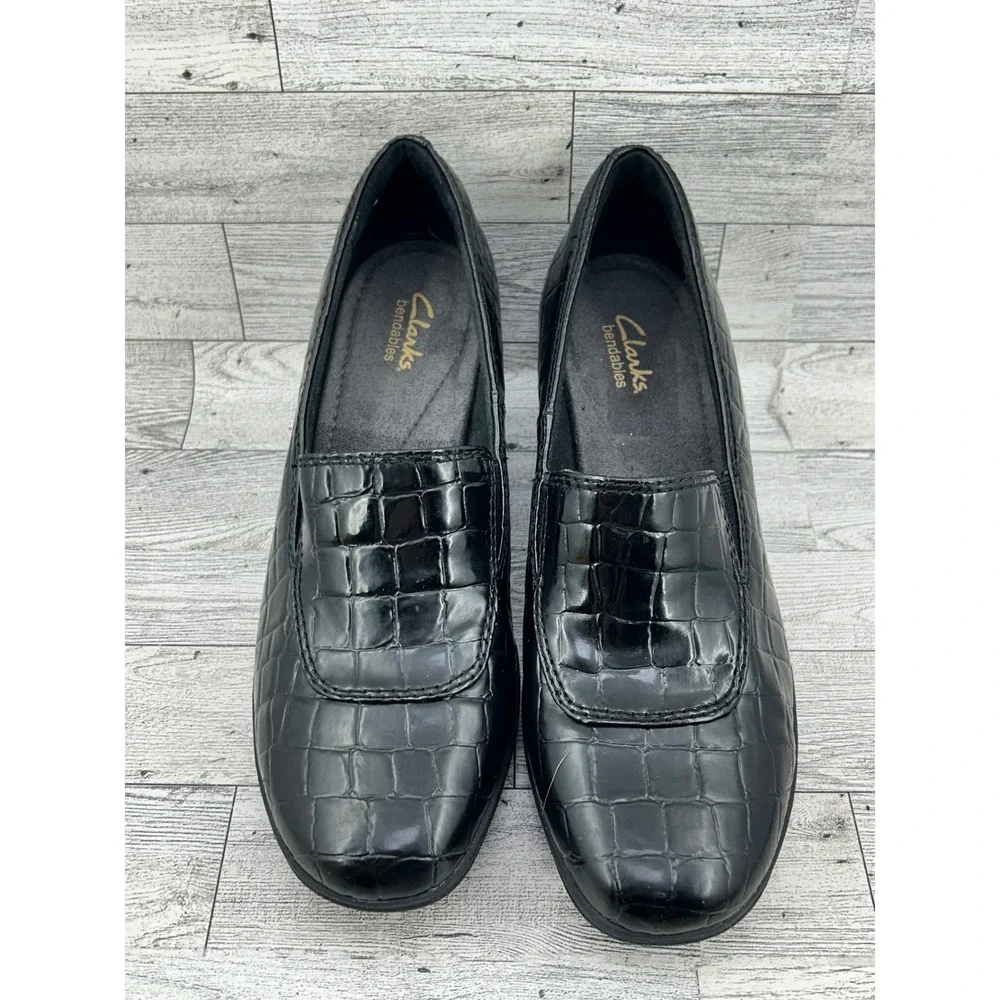Clarks Bendables Black Croc Embossed Wedge Loafers‎ 67091 Women Size 9M